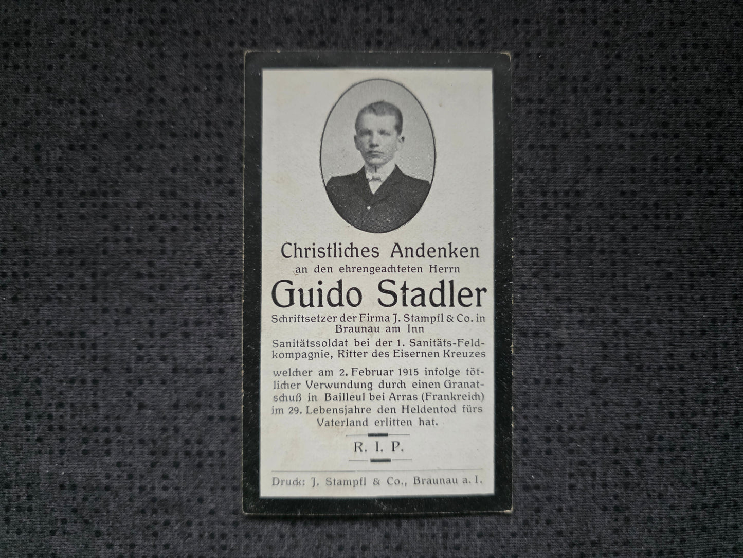 Sterbebild Krankenträger Braunau 1. Sanitäts-Feldkompanie Bailleul Neuville-St.-Vaast Frankreich