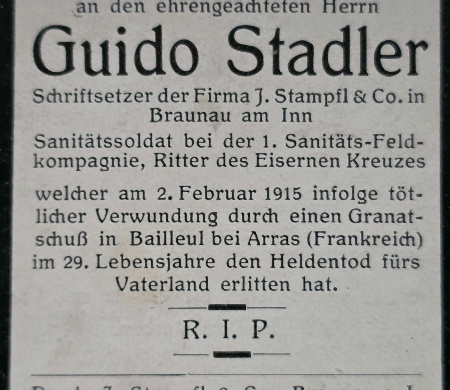 Sterbebild Krankenträger Braunau 1. Sanitäts-Feldkompanie Bailleul Neuville-St.-Vaast Frankreich