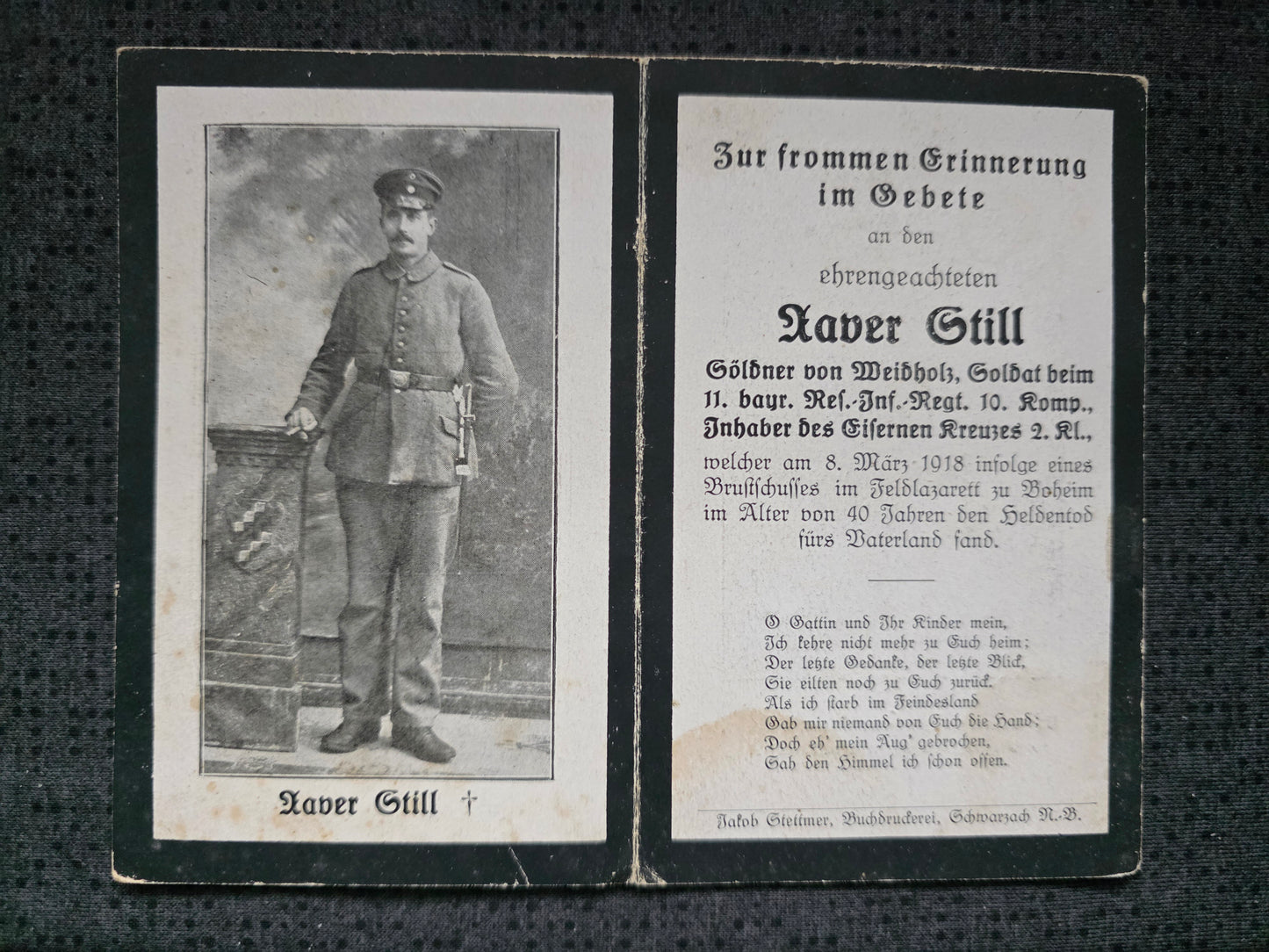 Sterbebild Soldat 10. Komp. Bay. Reserve Inf. Regt. 11 Mennevret Frankreich