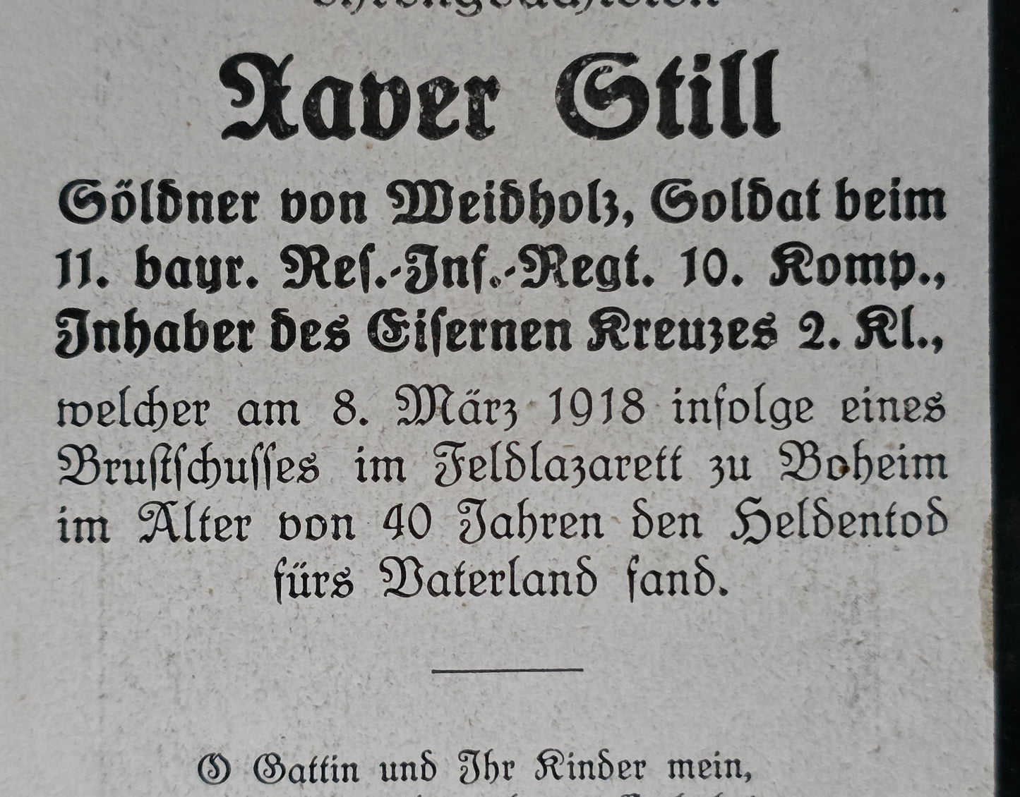 Sterbebild Soldat 10. Komp. Bay. Reserve Inf. Regt. 11 Mennevret Frankreich