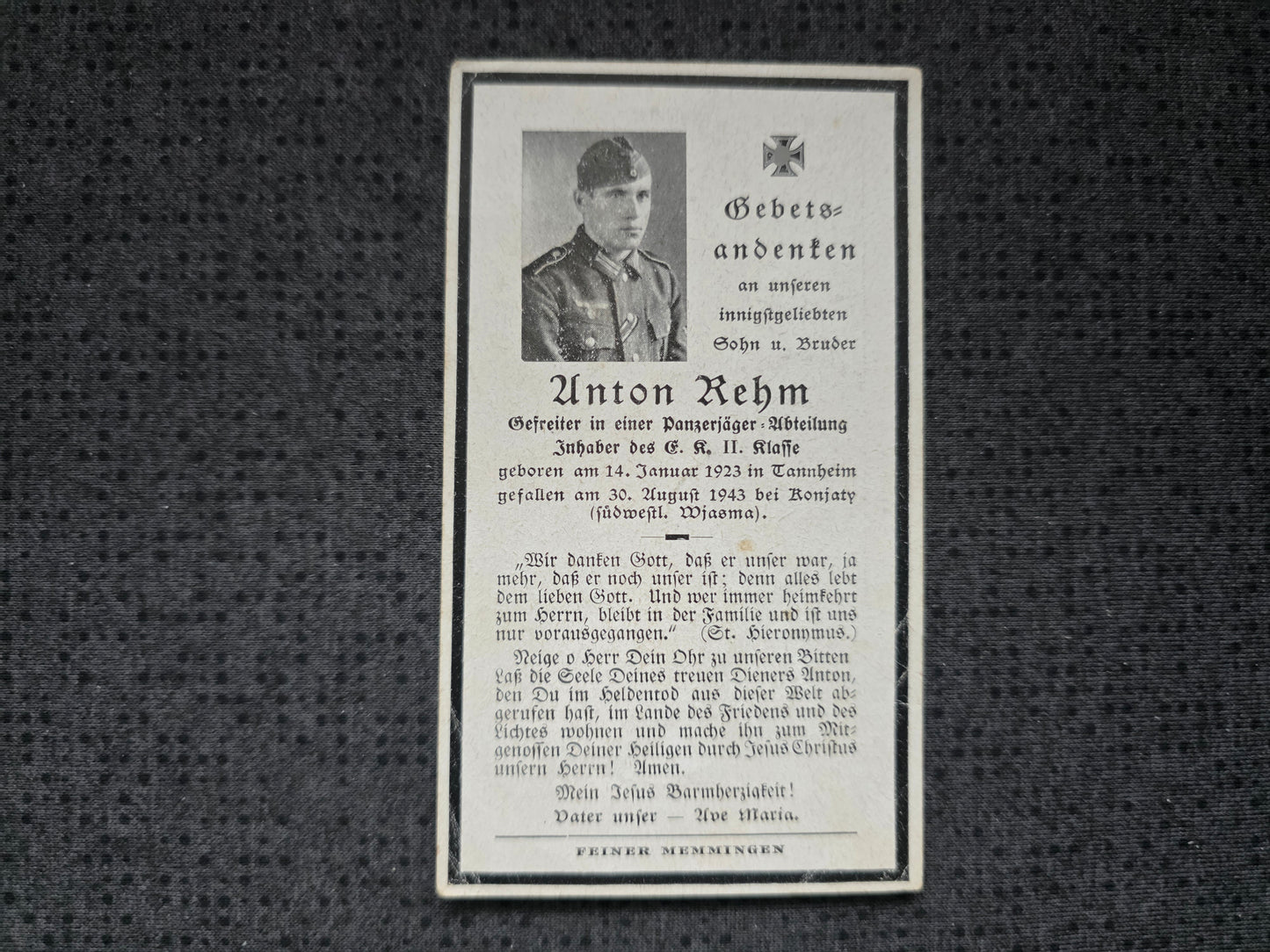 Sterbebild Gefreiter Tannheim Panzerjäger Abt. Sanko 2/260 Ronjaty Wjasma Russland