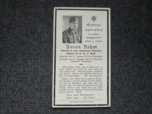 Sterbebild Gefreiter Tannheim Panzerjäger Abt. Sanko 2/260 Ronjaty Wjasma Russland