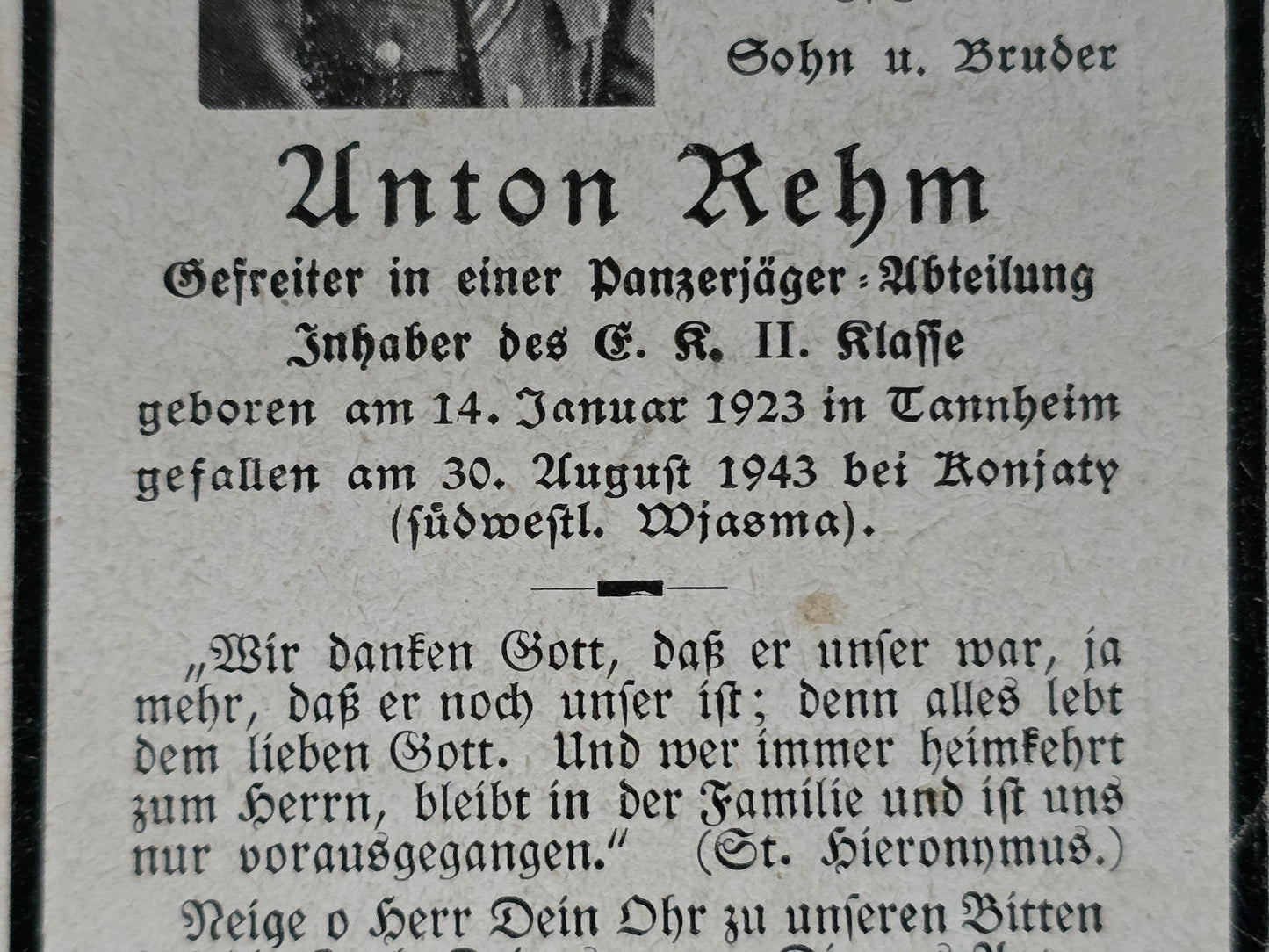 Sterbebild Gefreiter Tannheim Panzerjäger Abt. Sanko 2/260 Ronjaty Wjasma Russland