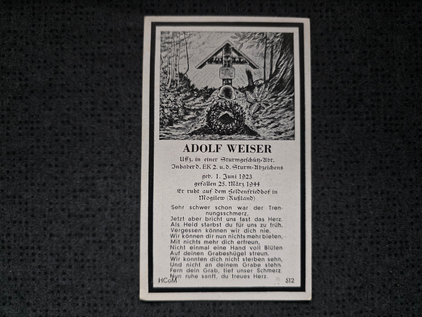 Sterbebild Unteroffizier Lochhausen 1. Batterie Sturmgeschütz-Brigade 237 Mogilew Russland