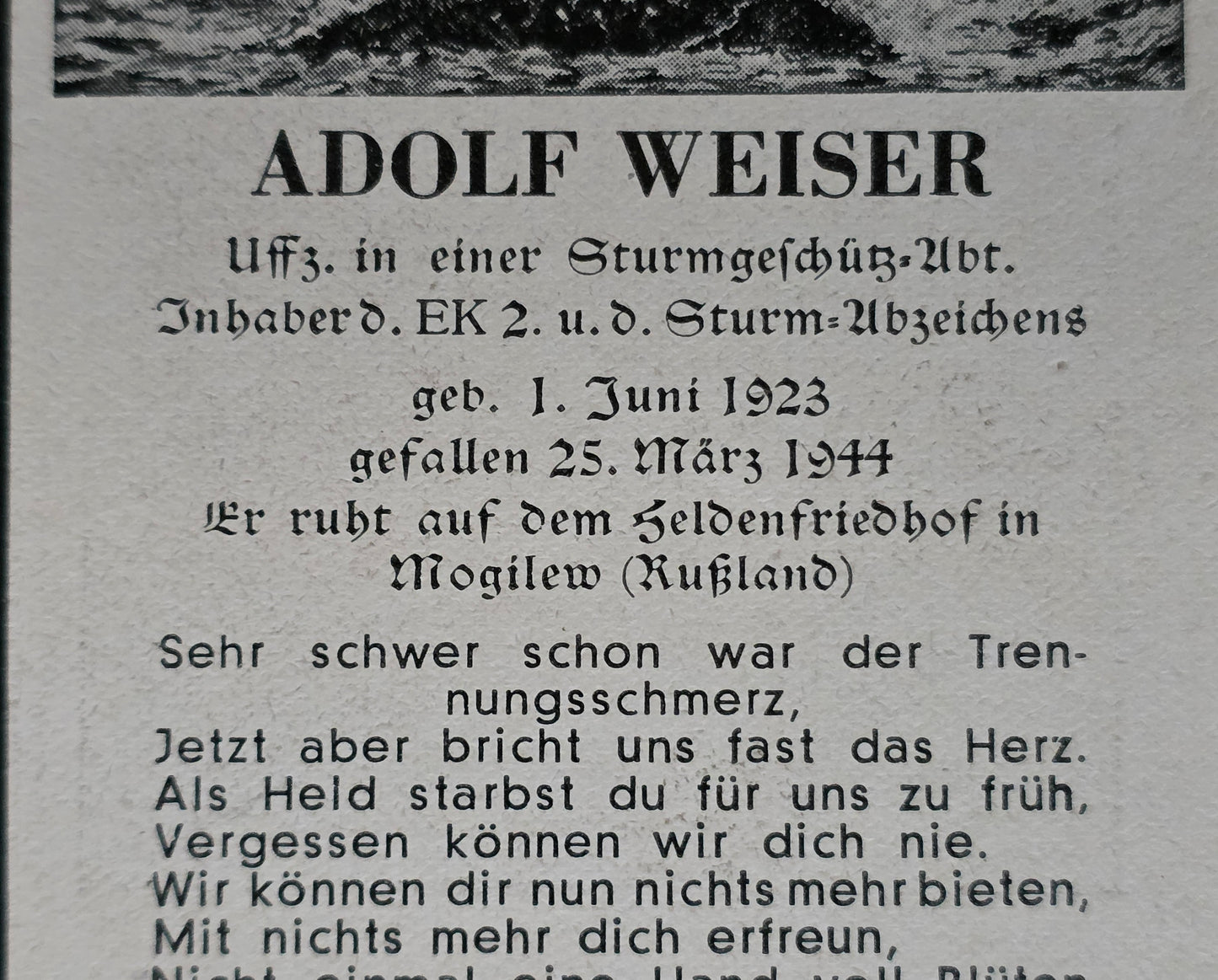 Sterbebild Unteroffizier Lochhausen 1. Batterie Sturmgeschütz-Brigade 237 Mogilew Russland