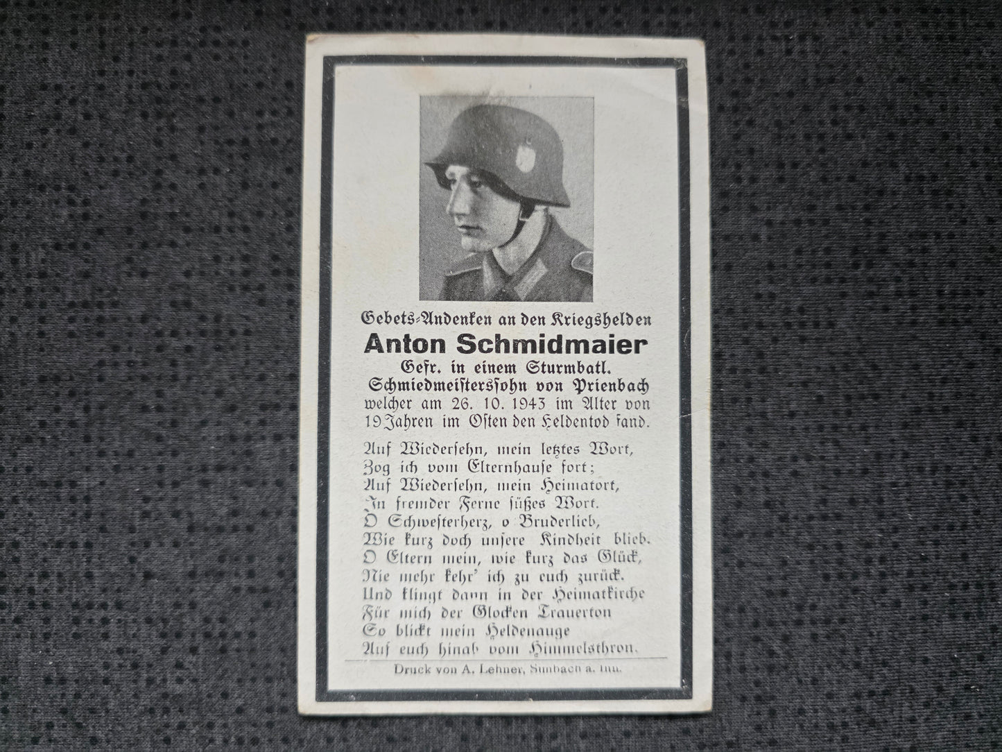 Sterbebild Gefreiter Prienbach Sturmbataillon südl. Mlinok Dnjepr Ukraine