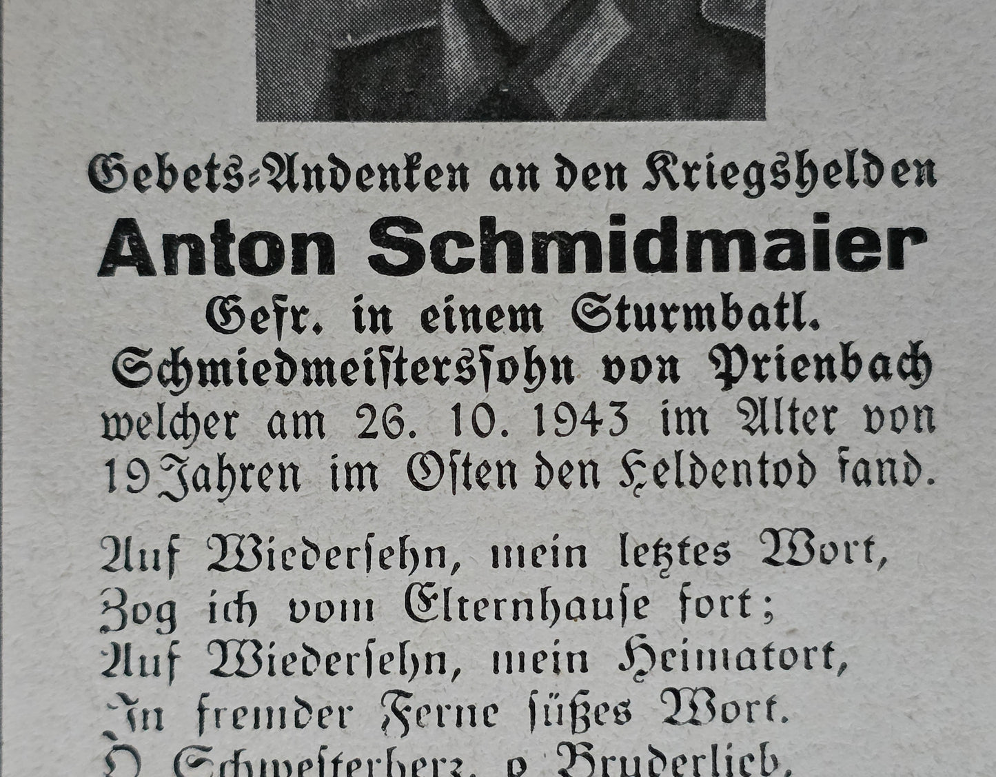 Sterbebild Gefreiter Prienbach Sturmbataillon südl. Mlinok Dnjepr Ukraine