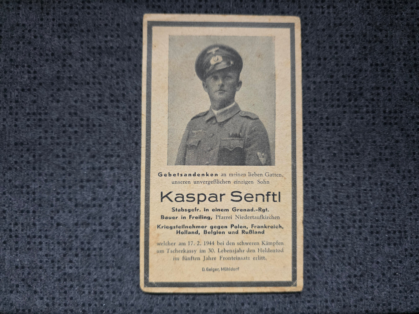 Sterbebild Stabsgefreiter Freiling Stab II/Gren. Regt. 217 Tscherkassy Russland