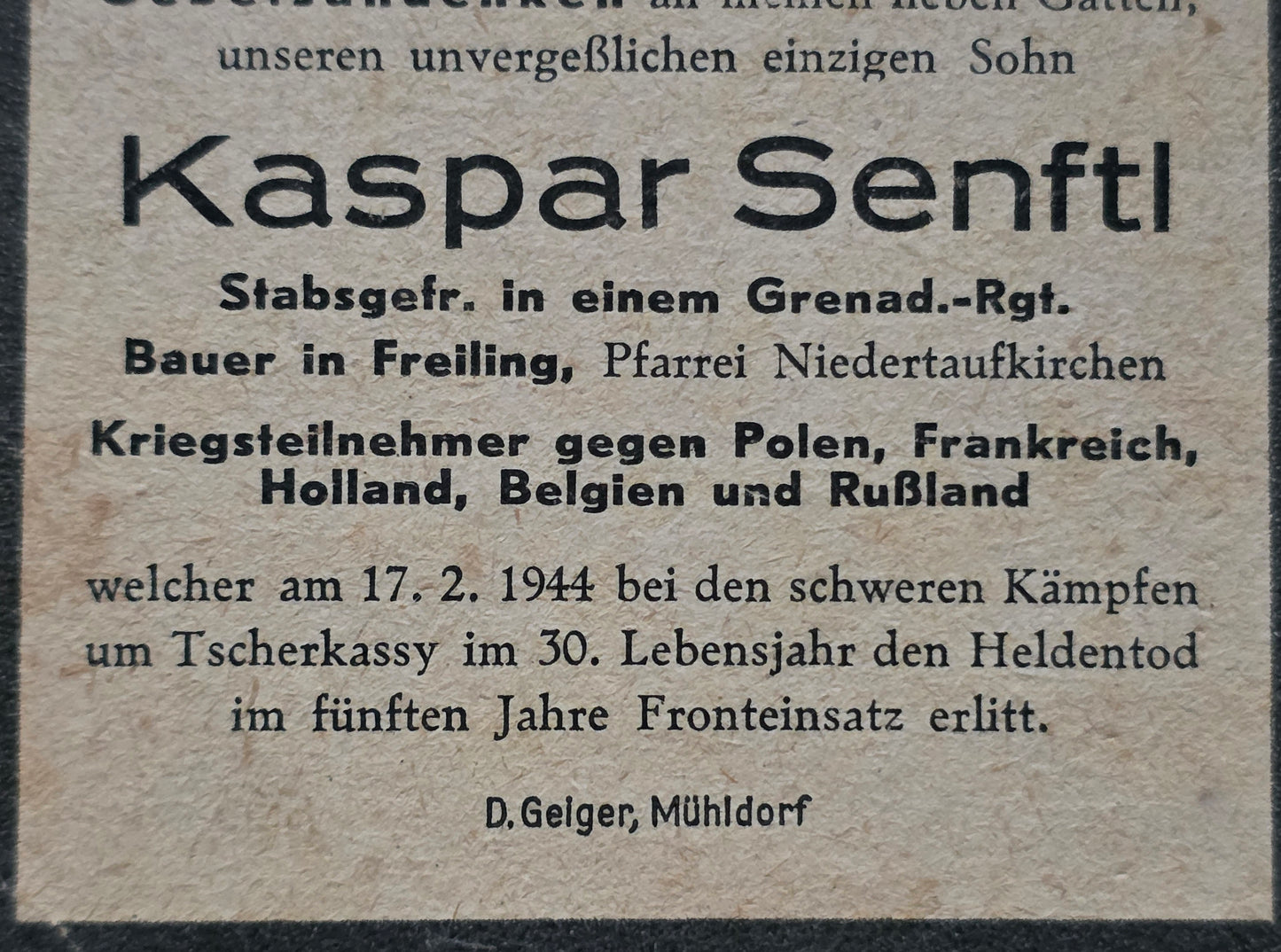 Sterbebild Stabsgefreiter Freiling Stab II/Gren. Regt. 217 Tscherkassy Russland