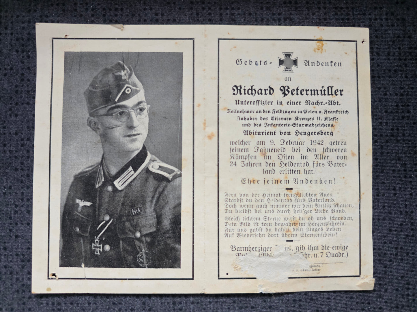 Sterbebild Unteroffizier Landsberg Stab III Inf. Regt. 19 Luschtschichino Russland - www.mmilitaria.com