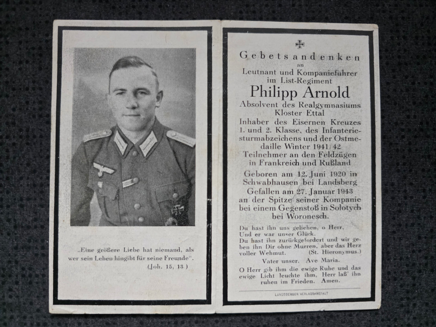 Sterbebild Leutnant Schwabhausen 12. Gren. Regt. 199 "List" Solotych Russland