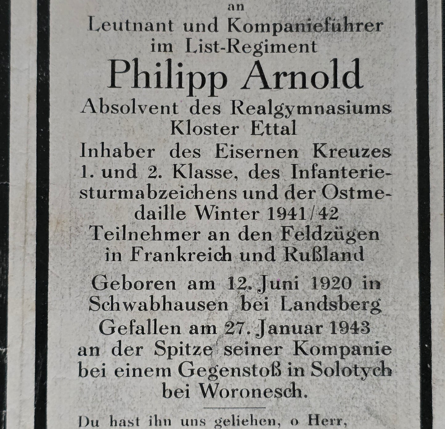 Sterbebild Leutnant Schwabhausen 12. Gren. Regt. 199 "List" Solotych Russland