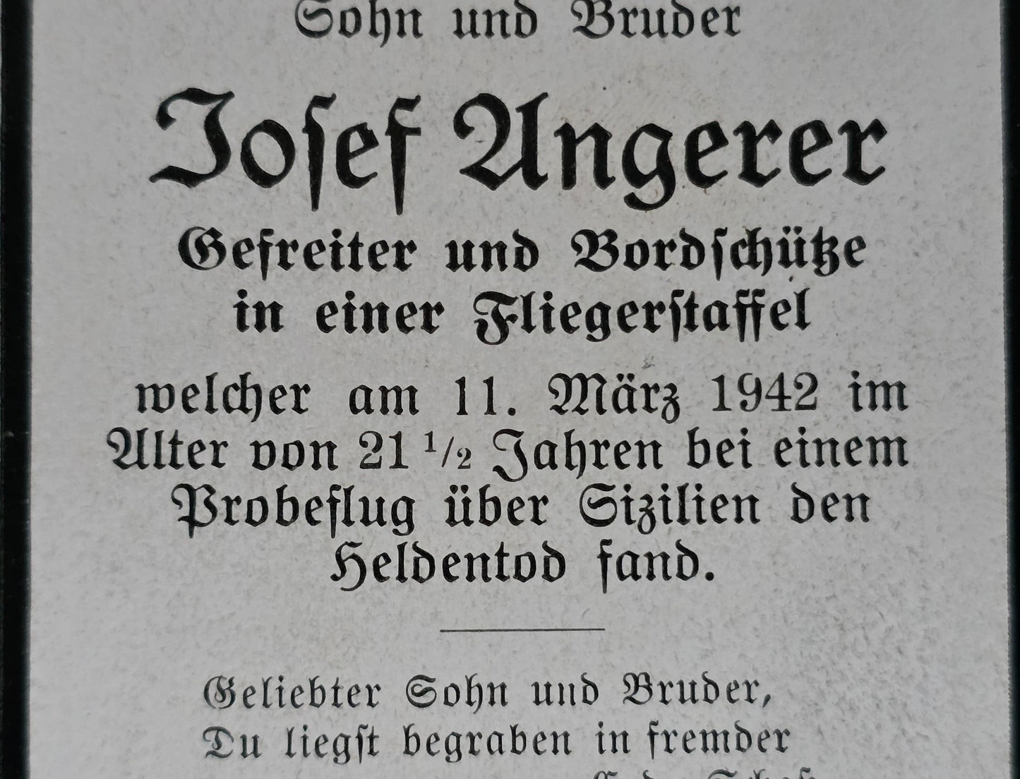 Sterbebild Gefreiter Berg Bordschütze 5./KG-77 Comiso Motta S.Anastasia Italien