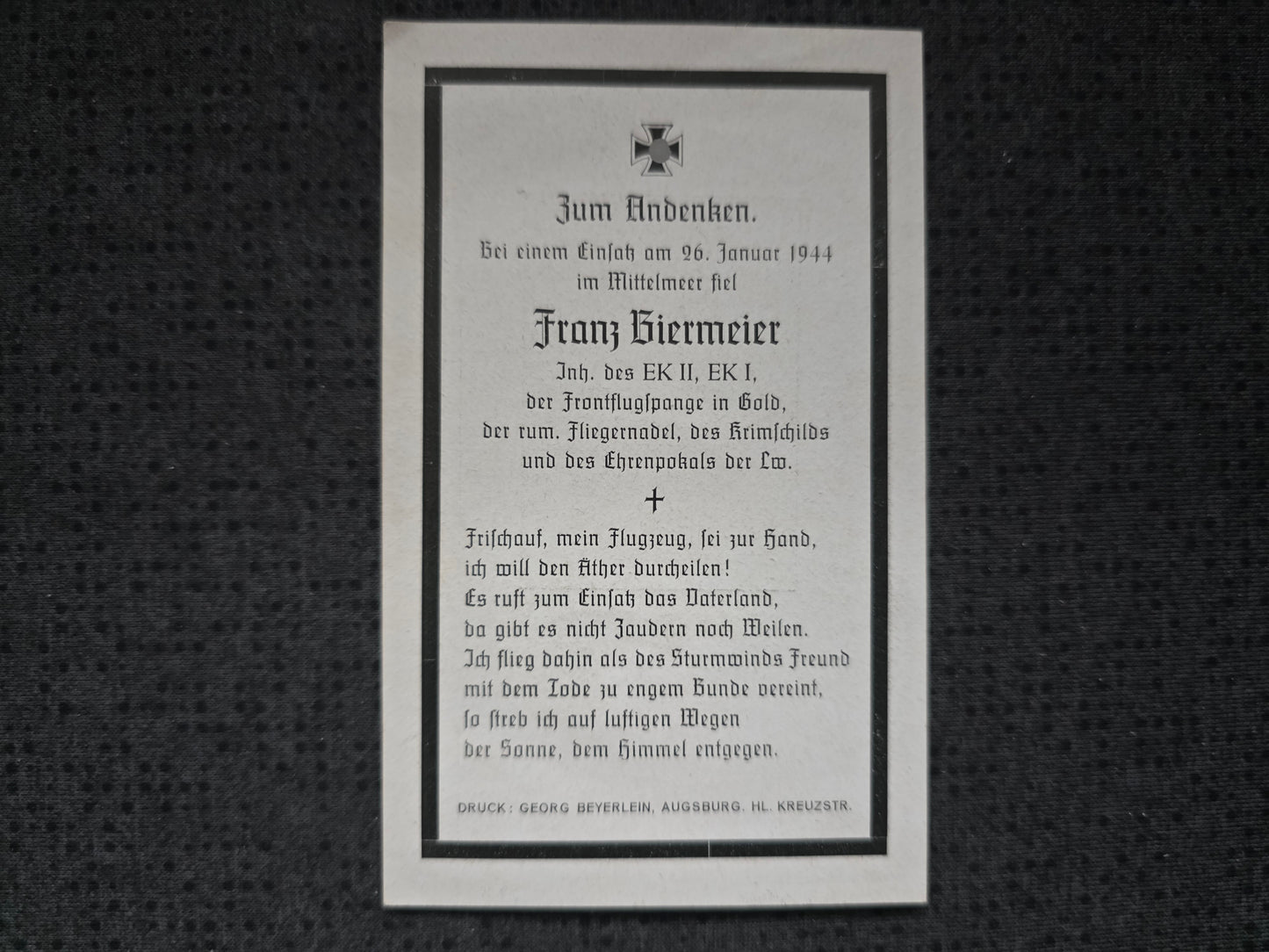 Sterbebild Oberfeldwebel Krainburg Pilot 6./KG-40 Ehrenpokal FFS Gold Fliegernadel Mauguio Frankreich