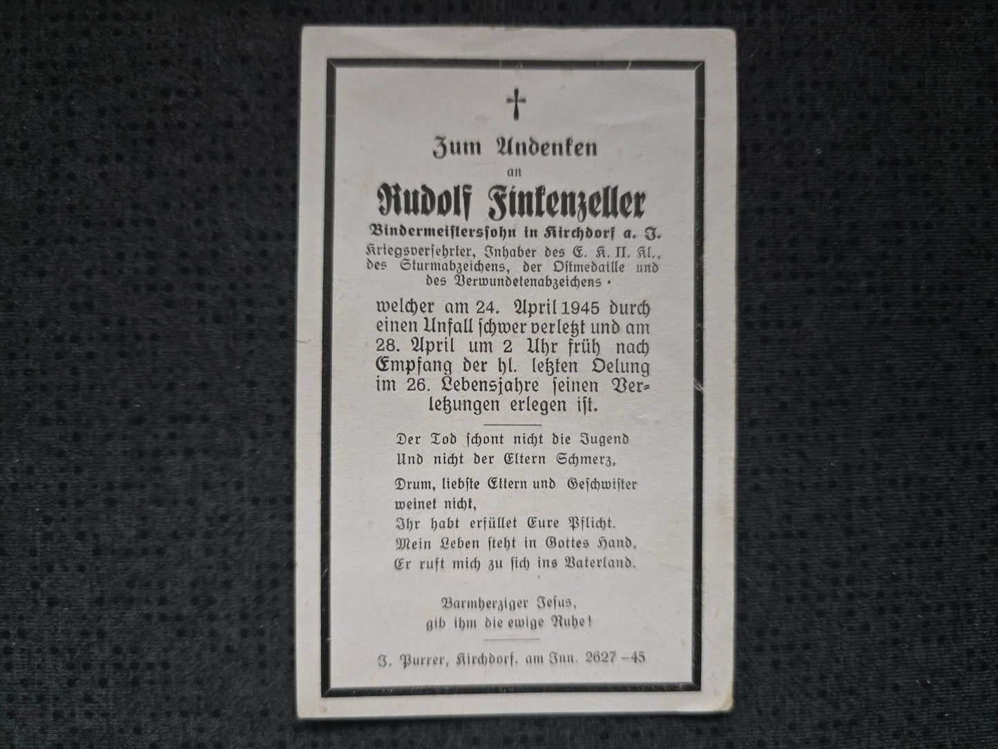 Sterbebild Gefreiter Kirchdorf EK II Sturmabzeichen Endkampf