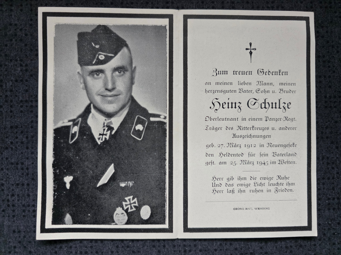 Sterbebild Oberleutnant Neuengeseke 2. Komp. Panzer-Abt. 116 "Windhund" Ritterkreuzträger Endkampf Westen