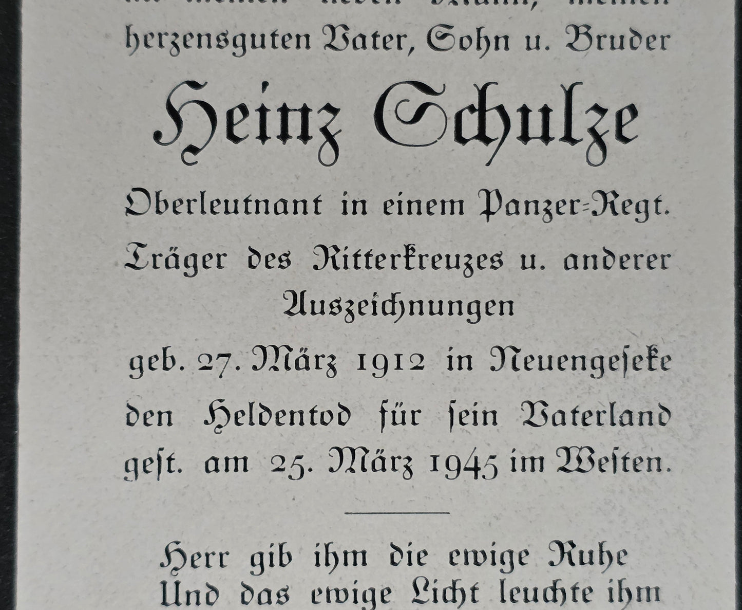 Sterbebild Oberleutnant Neuengeseke 2. Komp. Panzer-Abt. 116 "Windhund" Ritterkreuzträger Endkampf Westen