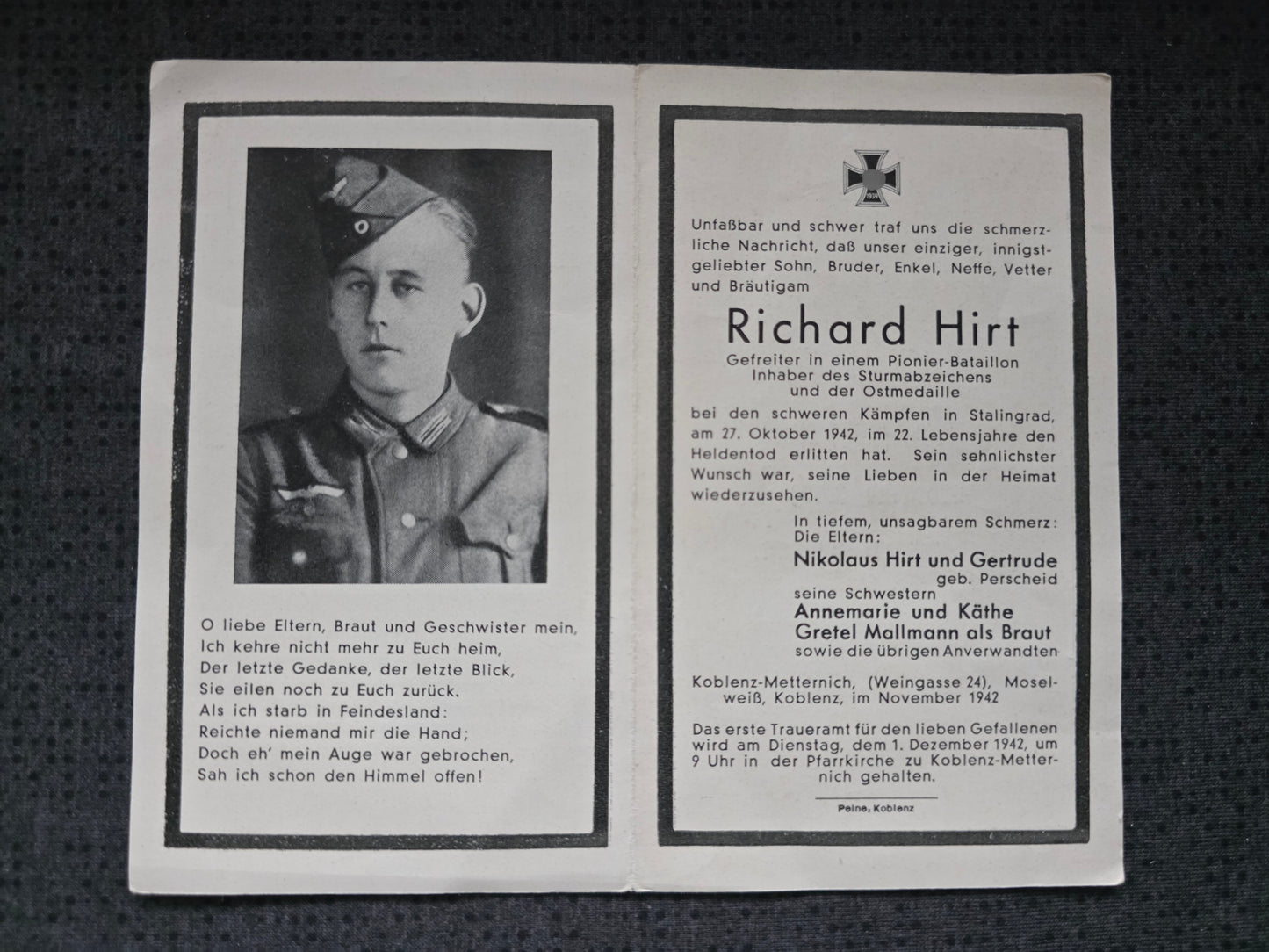 Sterbebild Gefreiter Koblenz Pionier Btl. Stalingrad Rossoschka Russland