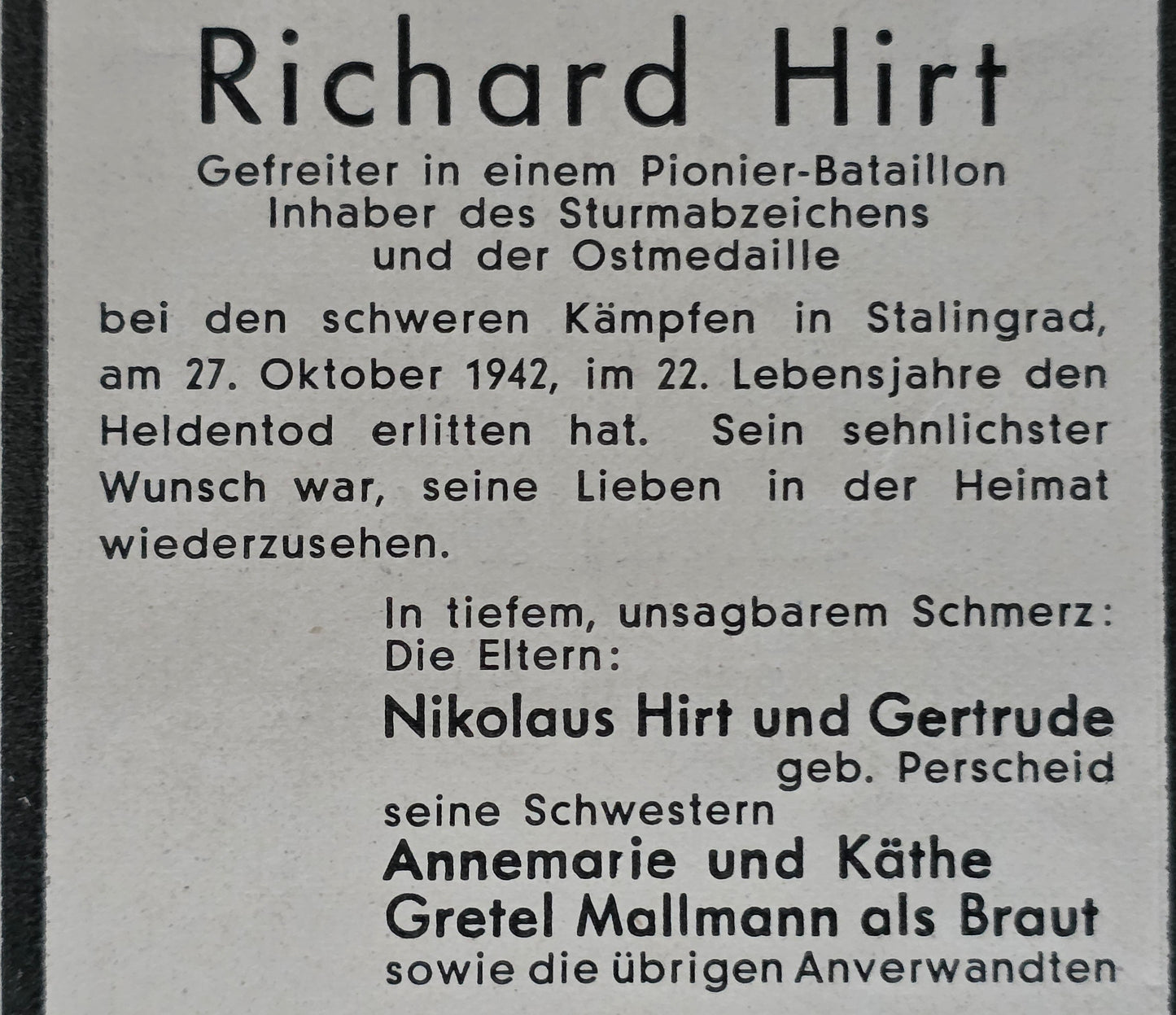 Sterbebild Gefreiter Koblenz Pionier Btl. Stalingrad Rossoschka Russland