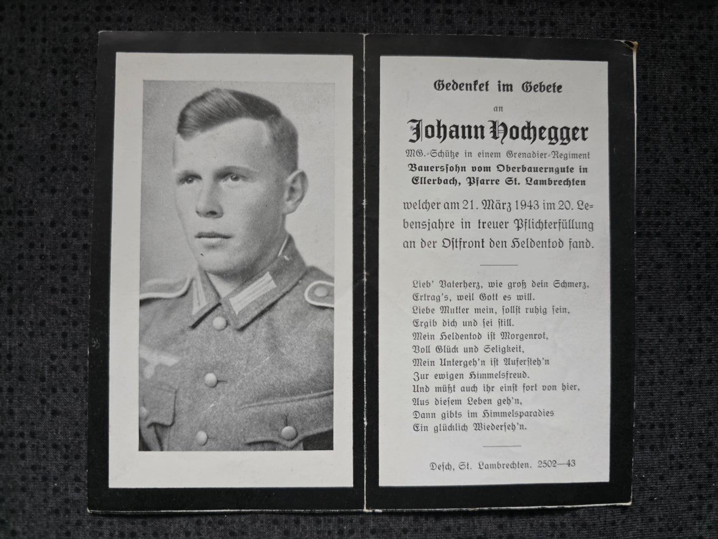 Sterbebild Obergrenadier Lambrechten MG-Schütze 4. Komp. Gren. Regt. 351 Kuprino Russland