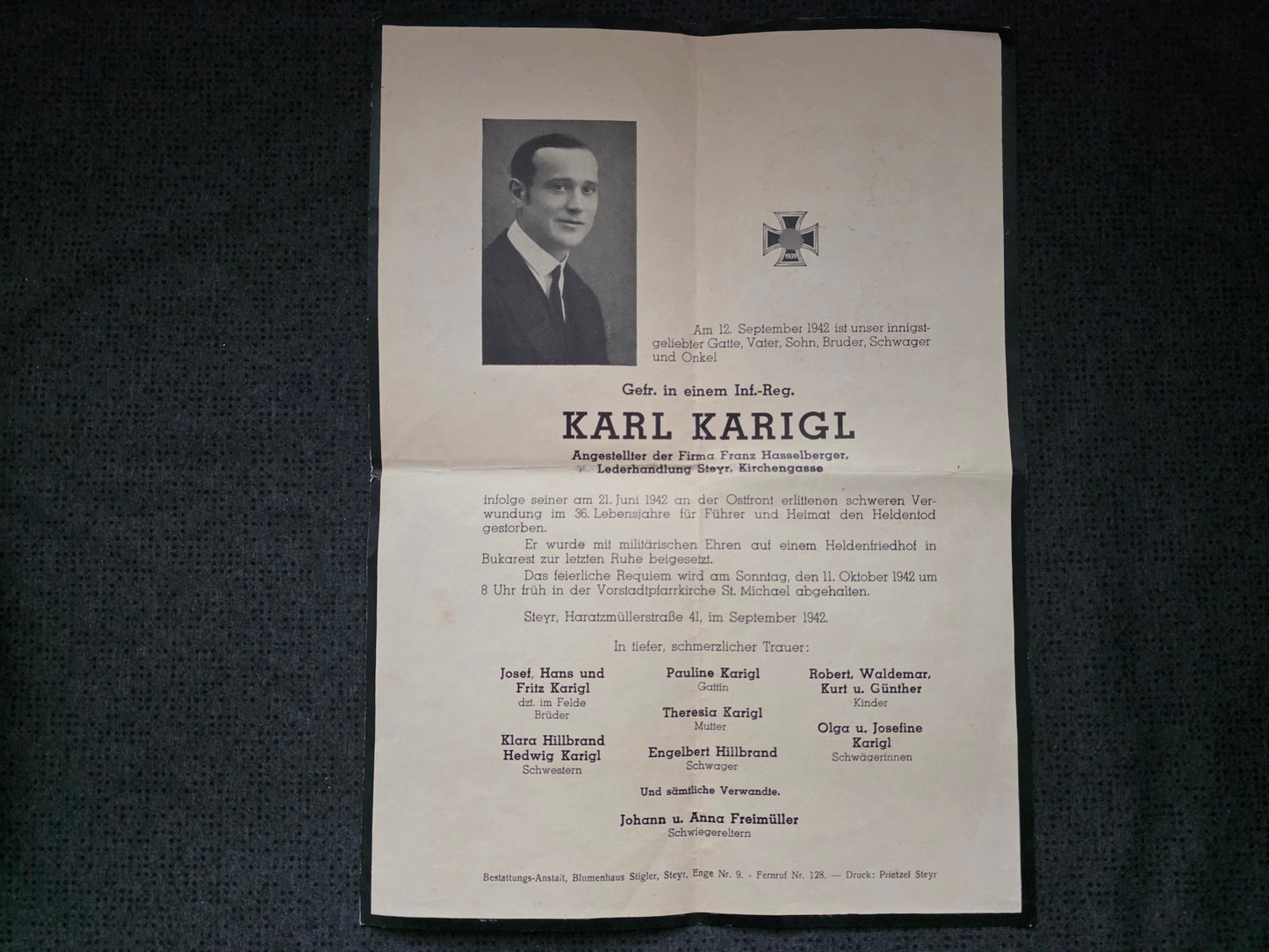 Sterbebild Groß Gefreiter Steyr Infanterie Regt. Ostfront Bukarest Rumänien