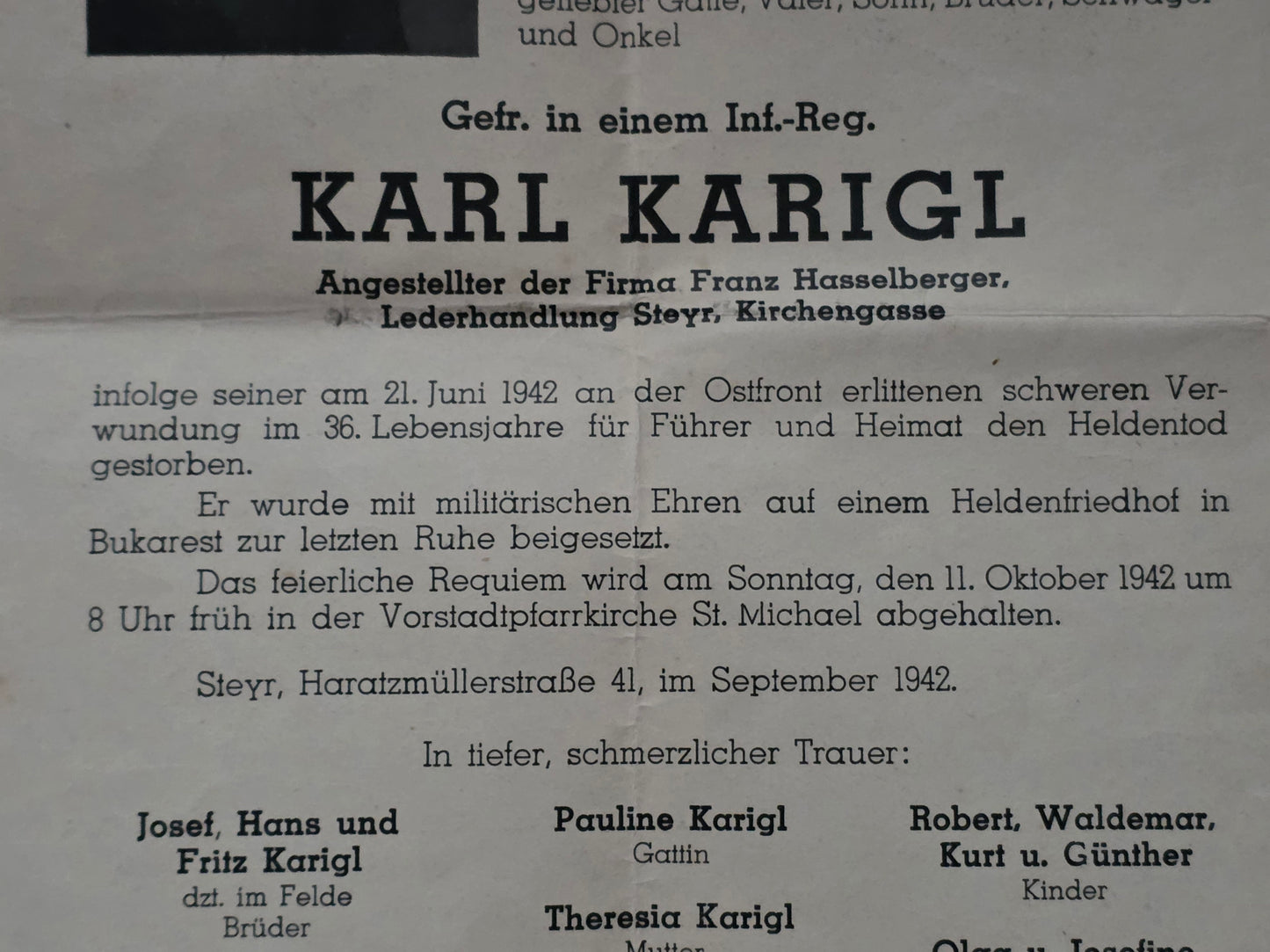 Sterbebild Groß Gefreiter Steyr Infanterie Regt. Ostfront Bukarest Rumänien