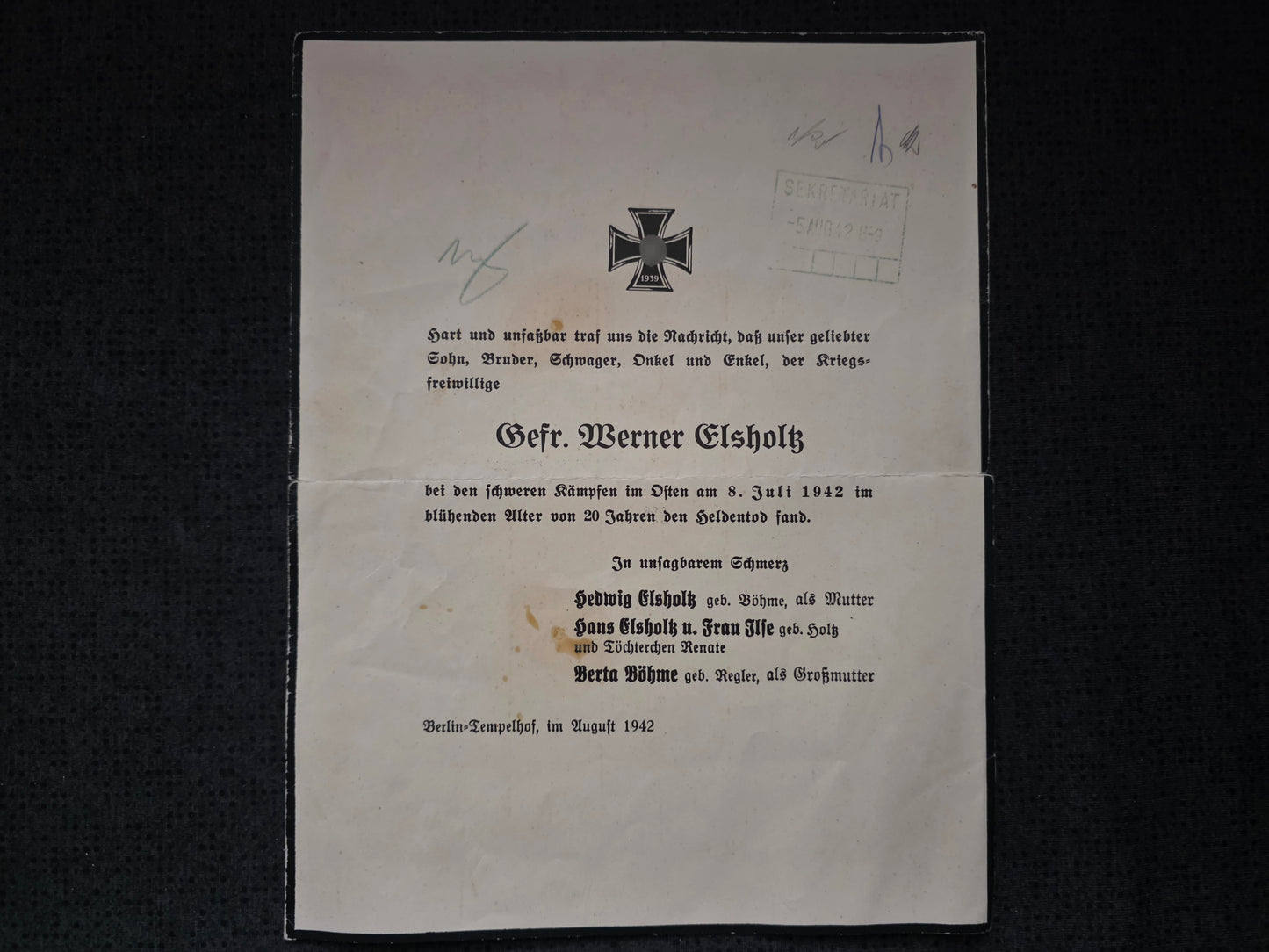 Sterbebild Groß Gefreiter Berlin-Schöneberg 5. Komp. Inf. Regt. 276 Donezgebiet