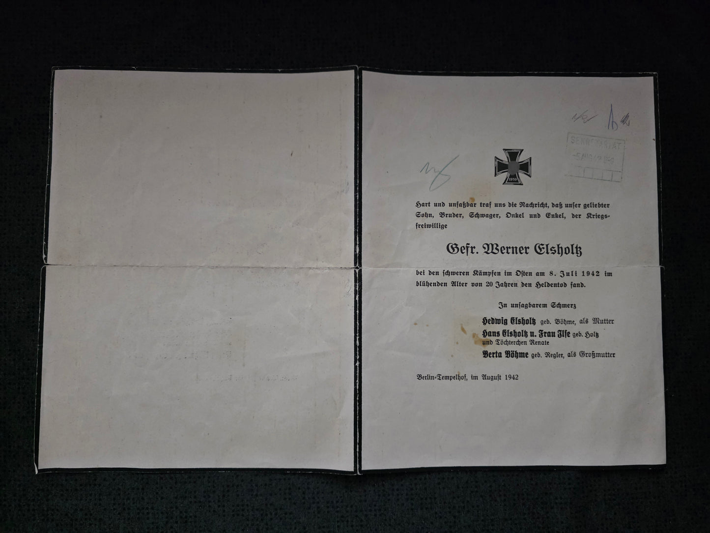 Sterbebild Groß Gefreiter Berlin-Schöneberg 5. Komp. Inf. Regt. 276 Donezgebiet