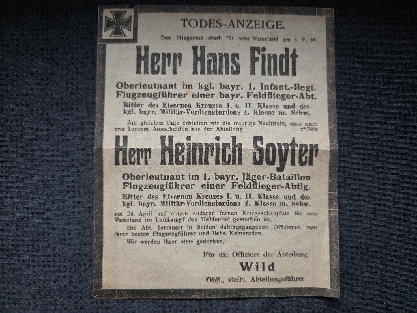 Todesanzeige Zeitung Sterbebild WK 1 Piloten Oberleutnant FFA 2 b Lille Frankreich Oberleutnant FA 300 'Pascha' Palästina El Cattia