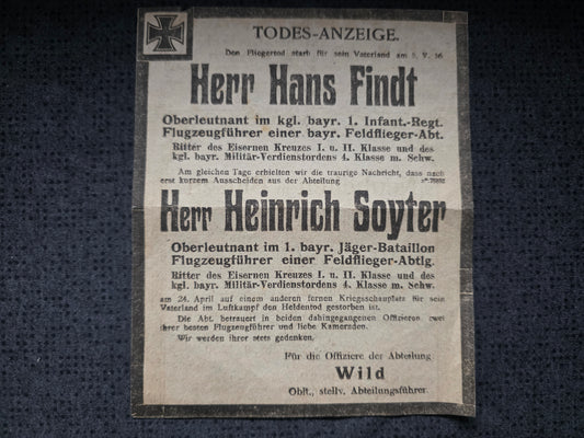 Todesanzeige Zeitung Sterbebild WK 1 Piloten Oberleutnant FFA 2 b Lille Frankreich Oberleutnant FA 300 'Pascha' Palästina El Cattia