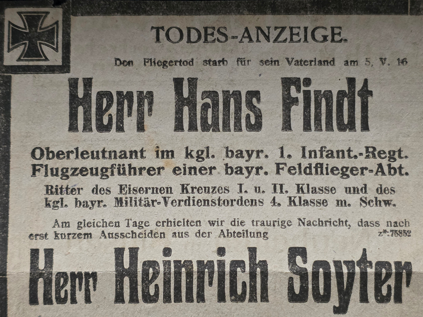 Todesanzeige Zeitung Sterbebild WK 1 Piloten Oberleutnant FFA 2 b Lille Frankreich Oberleutnant FA 300 'Pascha' Palästina El Cattia