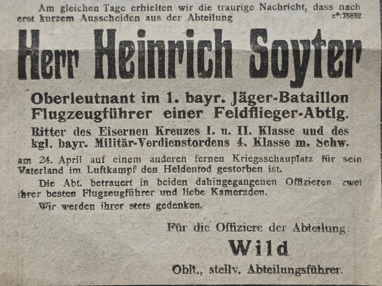 Todesanzeige Zeitung Sterbebild WK 1 Piloten Oberleutnant FFA 2 b Lille Frankreich Oberleutnant FA 300 'Pascha' Palästina El Cattia