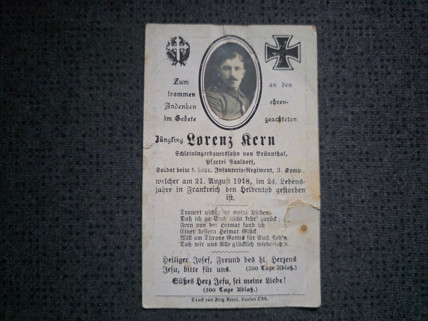 Sterbebild Soldat Saaldorf 3. Komp. Inf. Regt. 1 Echtfoto Blérancourt Frankreich