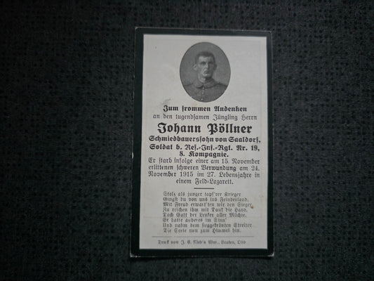 Sterbebild Soldat Saaldorf 8. Komp. Inf. Regt. 19 Elsaß Breitenbach Frankreich