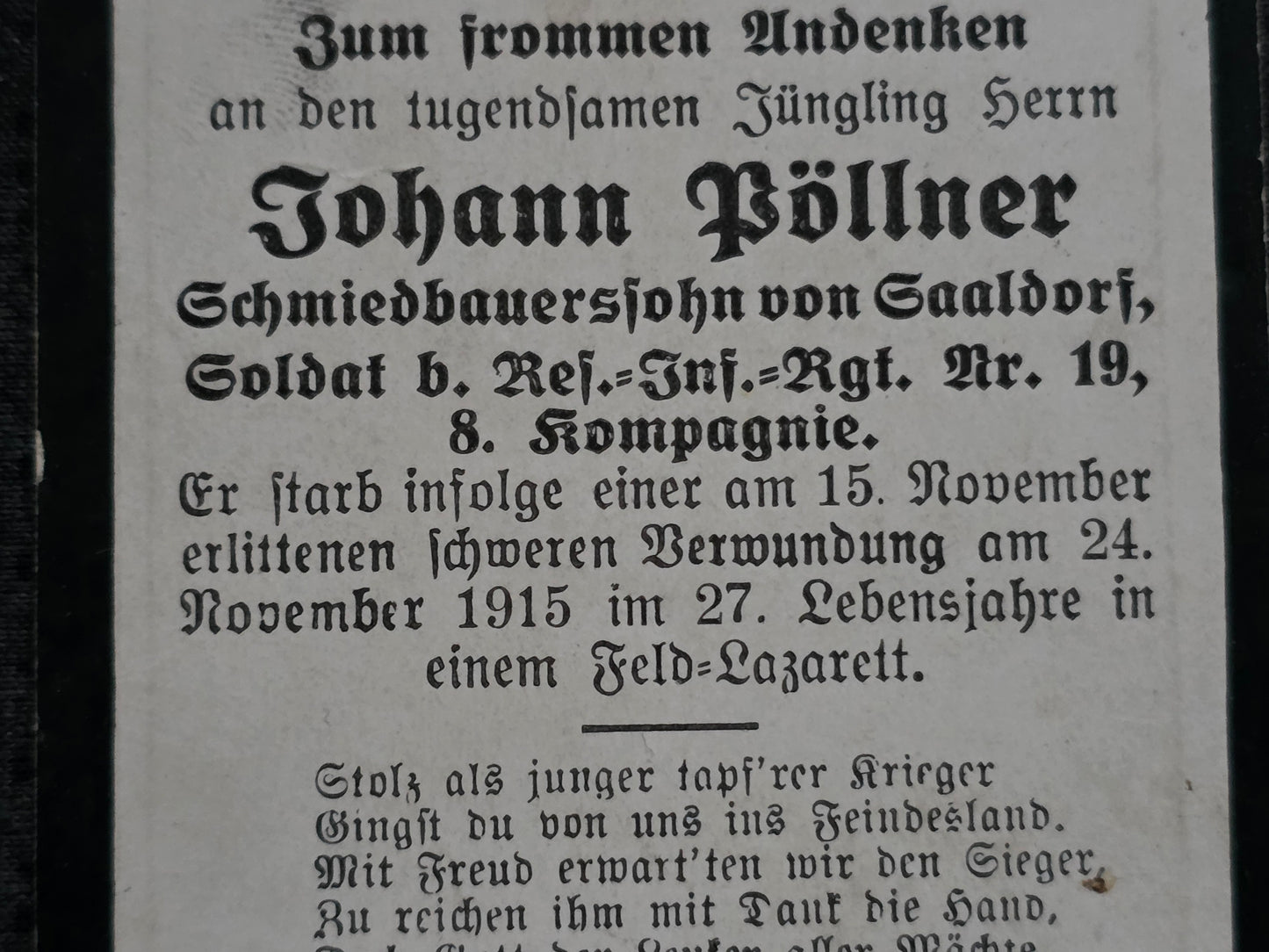 Sterbebild Soldat Saaldorf 8. Komp. Inf. Regt. 19 Elsaß Breitenbach Frankreich