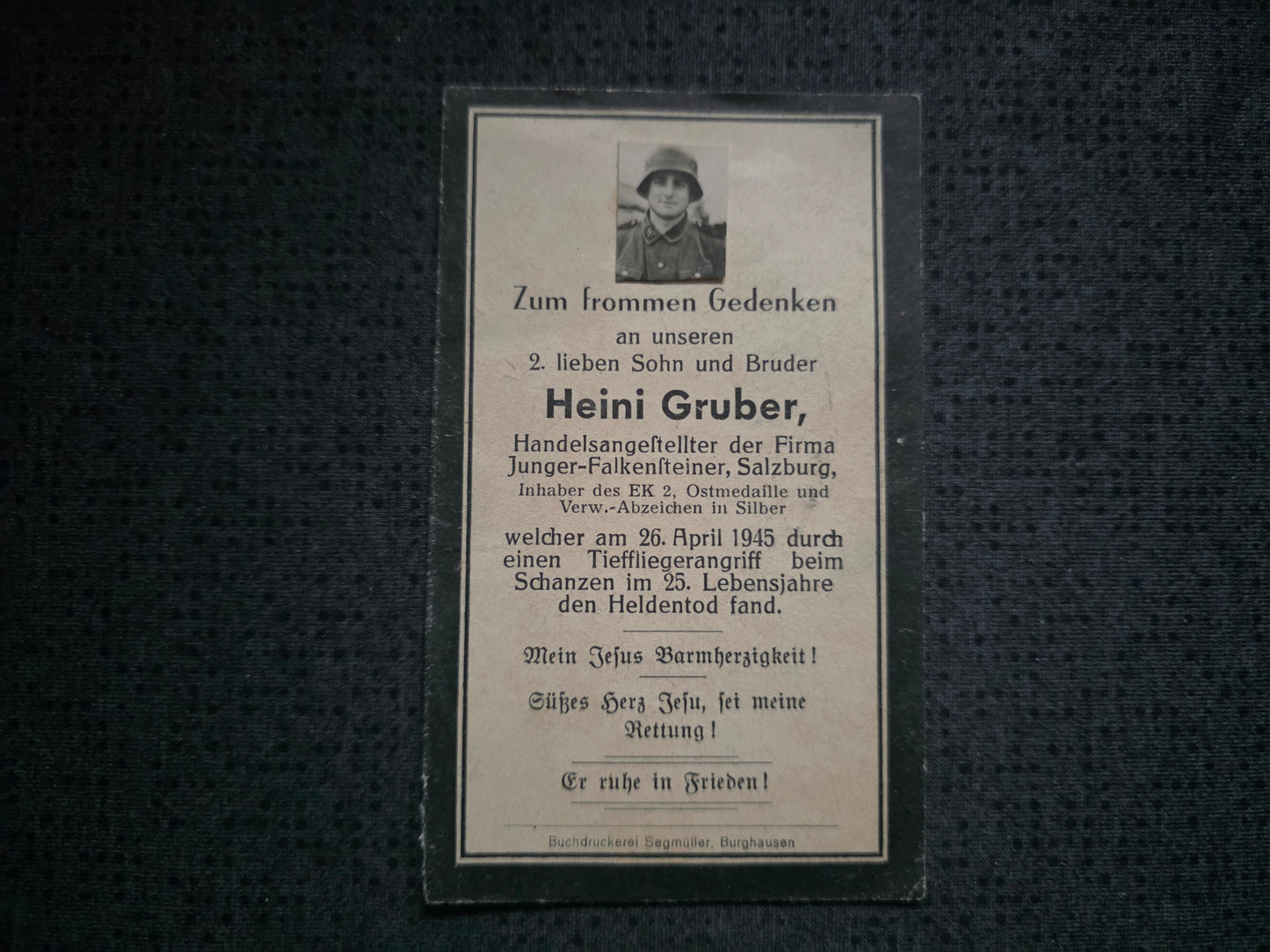 Sterbebild SS-Sturmmann Salzburg Echtfoto Endkampf Tieffliegerangriff Verteidigung Österreich