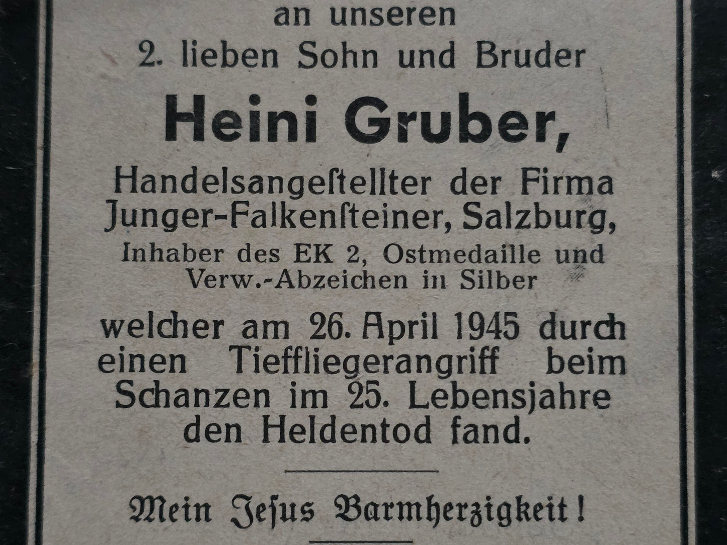 Sterbebild SS-Sturmmann Salzburg Echtfoto Endkampf Tieffliegerangriff Verteidigung Österreich