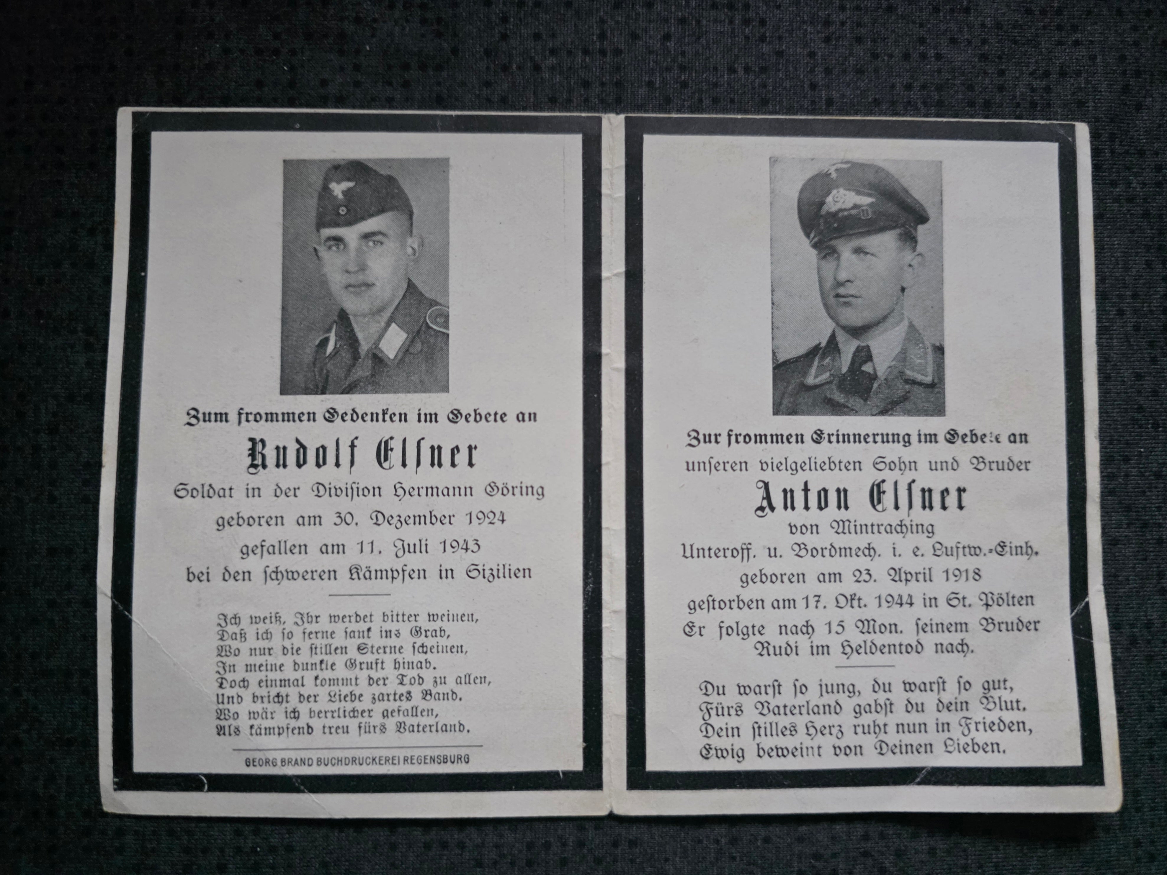Sterbebild Brüder Mintraching Gefreiter 1. Komp. Pz.- Gren. Regt. 1 