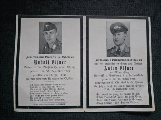 Sterbebild Brüder Mintraching Gefreiter 1. Komp. Pz.- Gren. Regt. 1 "Hermann Göring" HG Sizilien Italien Unteroffizier LW-Einheit St. Pölten Österreich