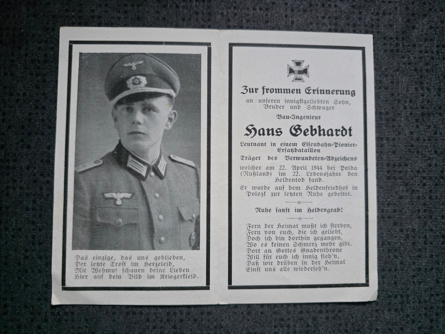 Sterbebild Leutnant Mondsee 1. Komp. Eisenbahn Bau-Btl. 512 Polota Weissrussland