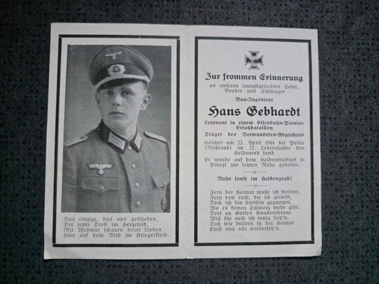 Sterbebild Leutnant Mondsee 1. Komp. Eisenbahn Bau-Btl. 512 Polota Weissrussland