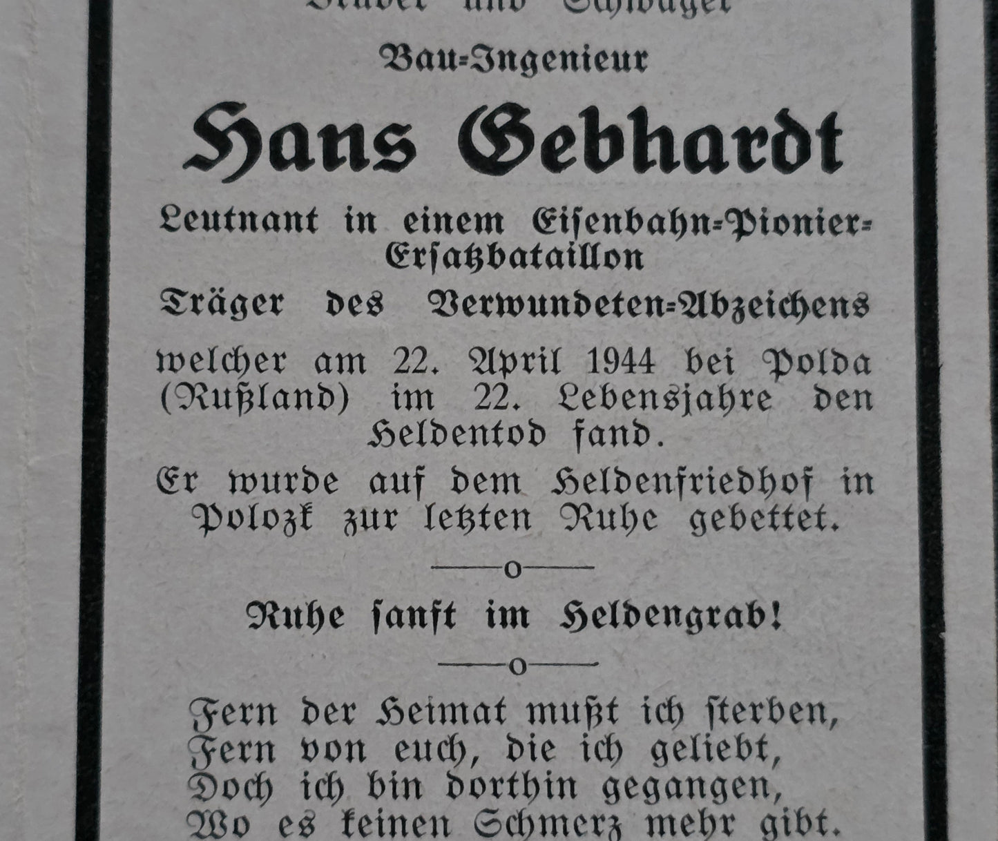 Sterbebild Leutnant Mondsee 1. Komp. Eisenbahn Bau-Btl. 512 Polota Weissrussland