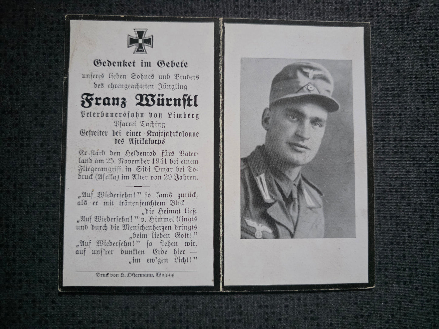 Sterbebild Gefreiter Limberg Kraftfahrkolonne DAK Afrikakorps Sid Omar Tobruk Libyen