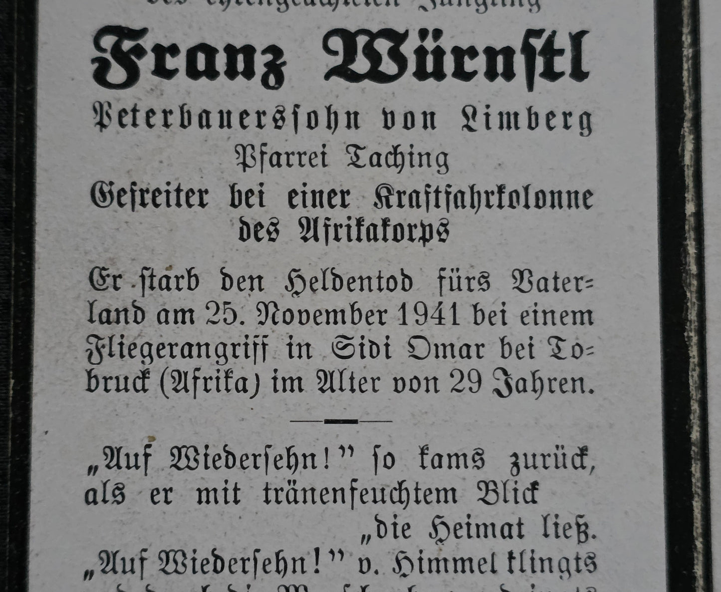 Sterbebild Gefreiter Limberg Kraftfahrkolonne DAK Afrikakorps Sid Omar Tobruk Libyen