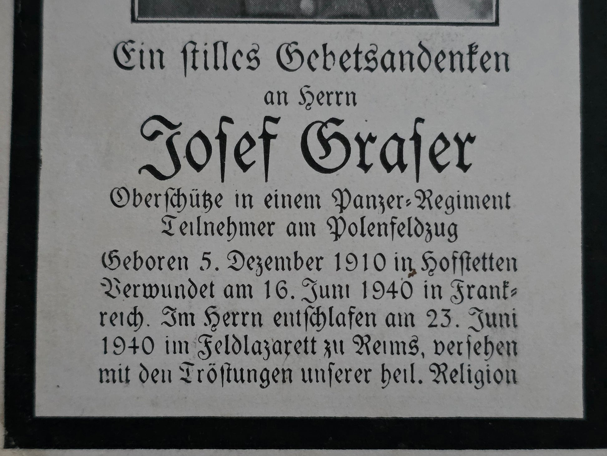 Sterbebild Oberschütze Hofstetten Stab Panzer-Regt. 7 Châtillon Reims Frankreich - www.mmilitaria.com