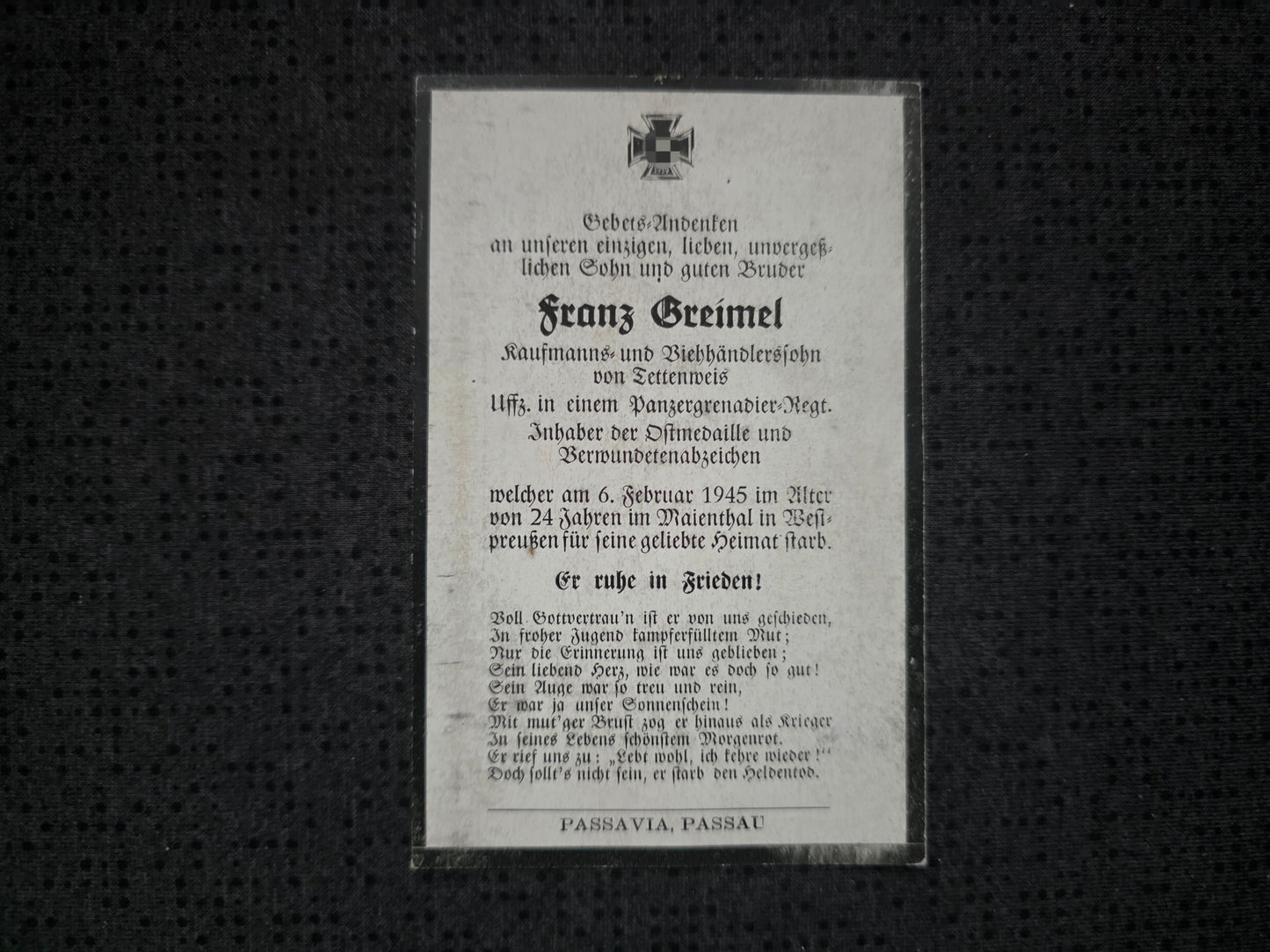 Sterbebild Unteroffizier Todtenweis Panzer-Grenadier Regt. Marienthal Westpreußen Polen