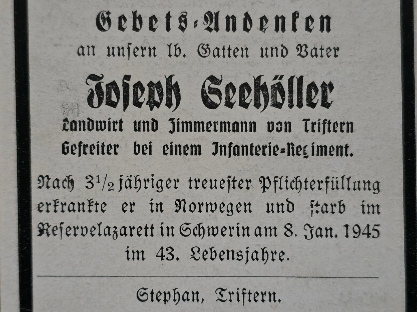 Sterbebild Gefreiter Triftern Infanterie Regt. Endkampf Norwegen Schwerin