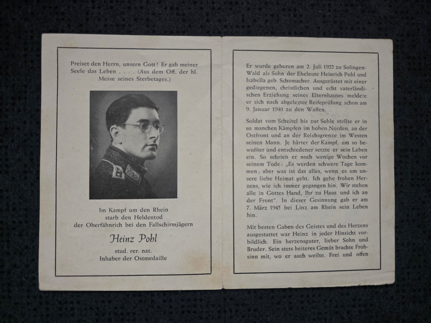 Sterbebild Oberfähnrich Solingen Fallschirmjäger Kampf um den Rhein Linz Lommel Belgien