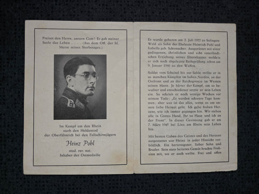 Sterbebild Oberfähnrich Solingen Fallschirmjäger Kampf um den Rhein Linz Lommel Belgien