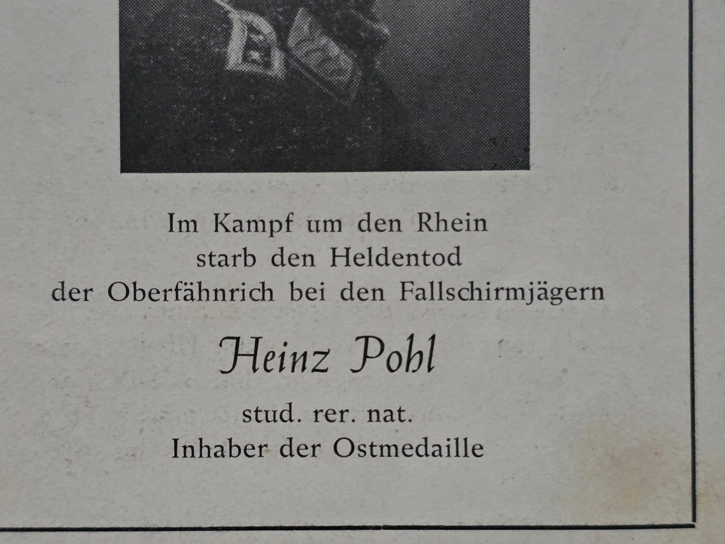Sterbebild Oberfähnrich Solingen Fallschirmjäger Kampf um den Rhein Linz Lommel Belgien
